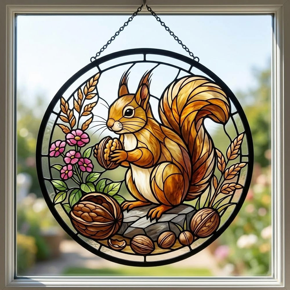 Autumn harvest squirrel-1 stained glass suncatcher window hanging, suitable for home and garden decoration
