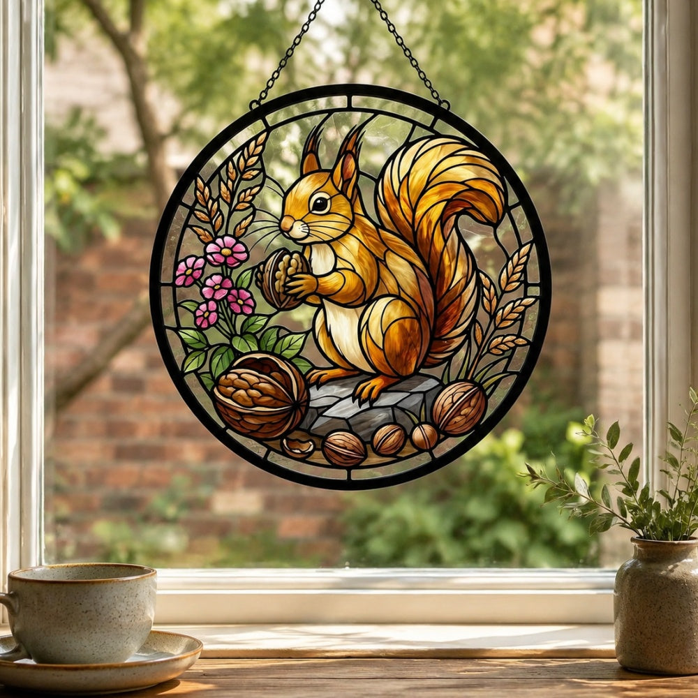 Autumn harvest squirrel stained glass suncatcher window hanging, suitable for home and garden decoration