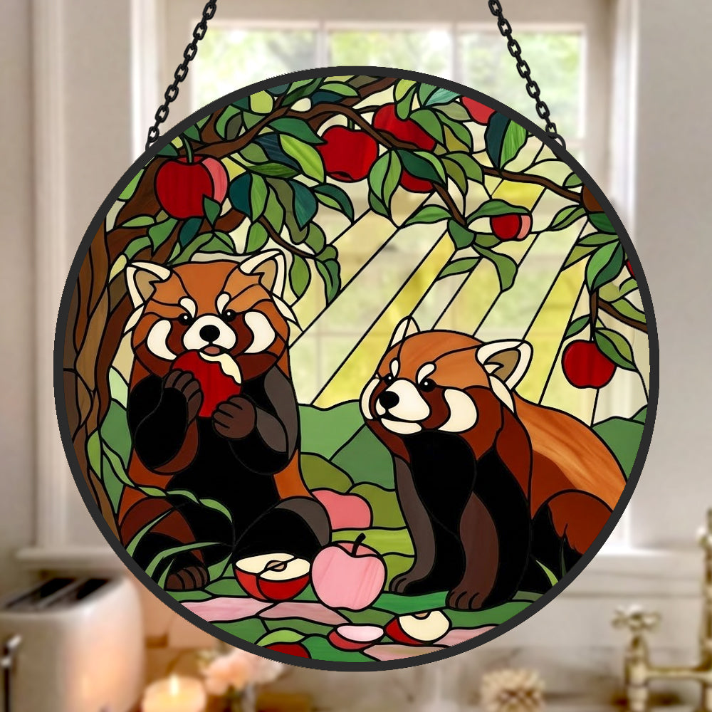 Autumn harvest wooded red panda duo stained glass suncatcher window hanging, suitable for home and garden decoration