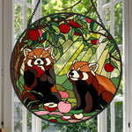 Autumn harvest wooded red panda duo stained glass suncatcher window hanging, suitable for home and garden decoration