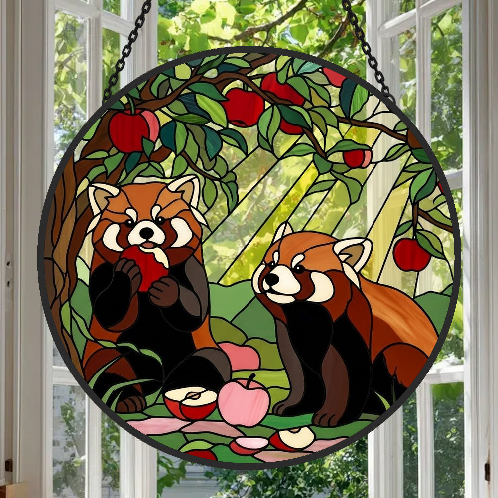 Autumn harvest wooded red panda duo stained glass suncatcher window hanging, suitable for home and garden decoration