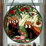 Autumn harvest wooded red panda duo stained glass suncatcher window hanging, suitable for home and garden decoration