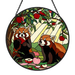 Autumn harvest wooded red panda duo stained glass suncatcher window hanging, suitable for home and garden decoration