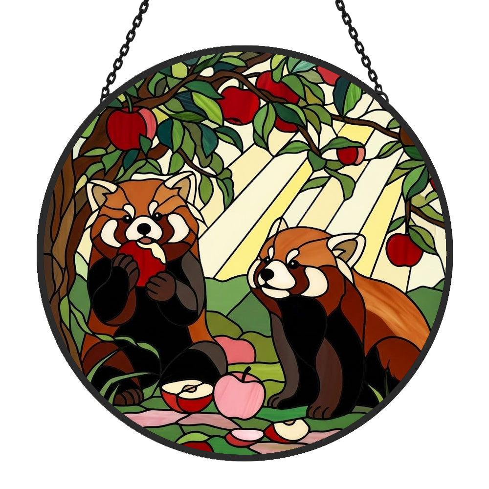 Autumn harvest wooded red panda duo stained glass suncatcher window hanging, suitable for home and garden decoration