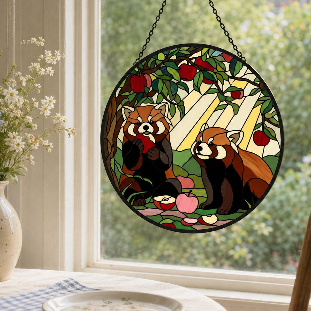 Autumn harvest wooded red panda duo stained glass suncatcher window hanging, suitable for home and garden decoration