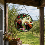 Autumn harvest wooded red panda duo stained glass suncatcher window hanging, suitable for home and garden decoration