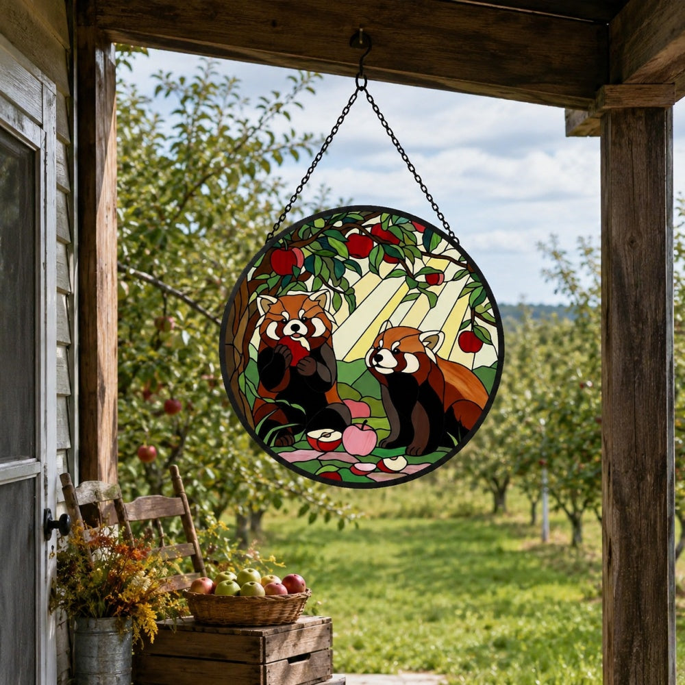 Autumn harvest wooded red panda duo stained glass suncatcher window hanging, suitable for home and garden decoration