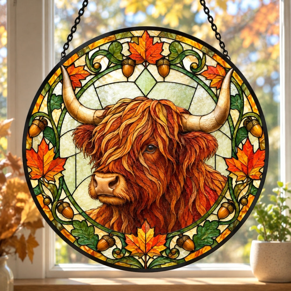 Autumn highland cattle stained glass suncatcher window hanging, suitable for home and garden decoration