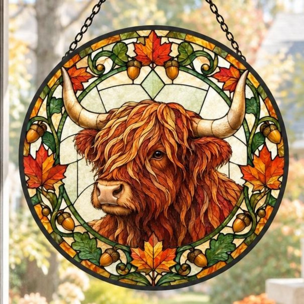Autumn highland cattle stained glass suncatcher window hanging, suitable for home and garden decoration