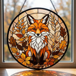 Autumn leaves red fox stained glass suncatcher window hanging, suitable for home and garden decoration