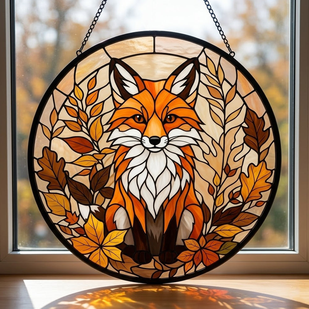 Autumn leaves red fox stained glass suncatcher window hanging, suitable for home and garden decoration