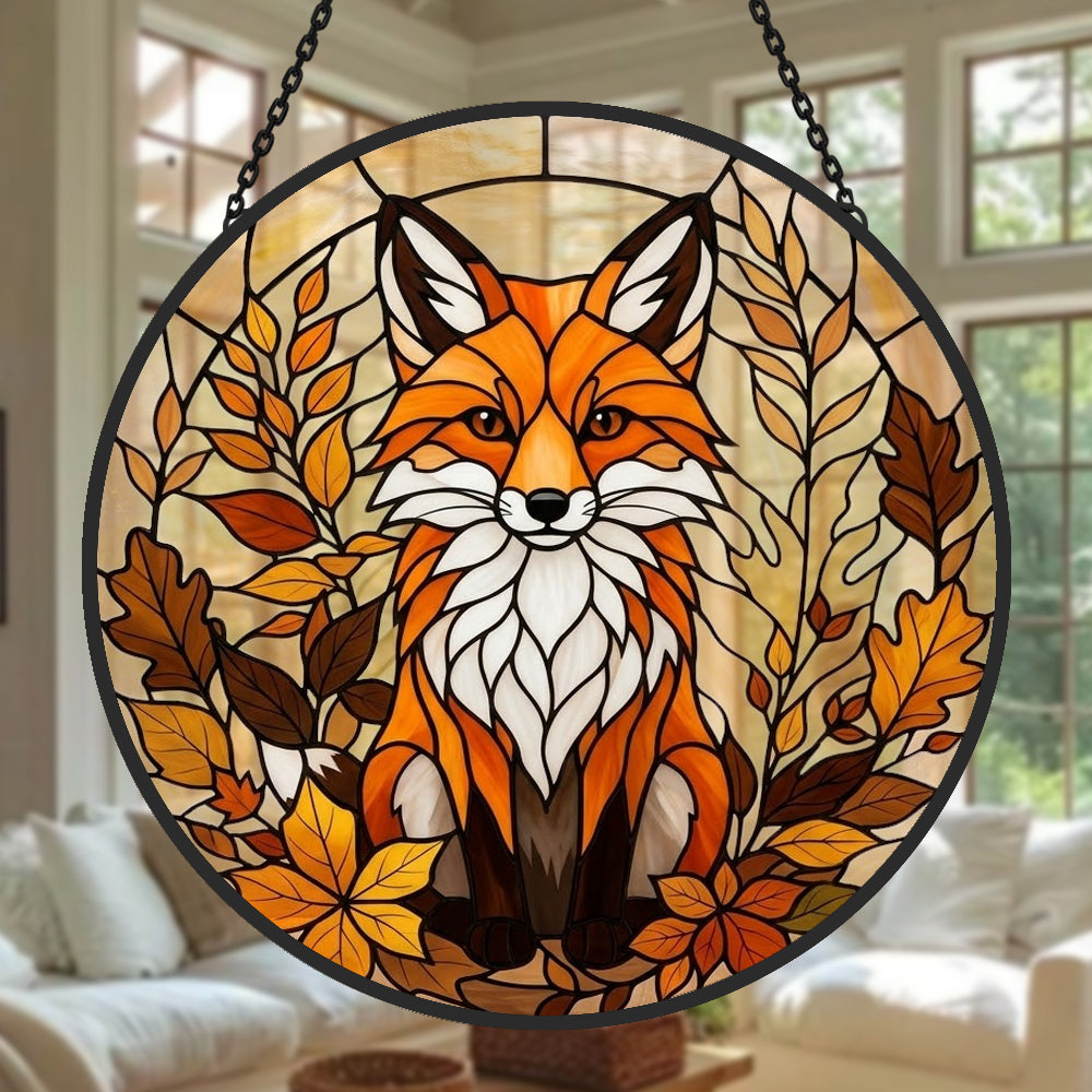 Autumn leaves red fox stained glass suncatcher window hanging, suitable for home and garden decoration