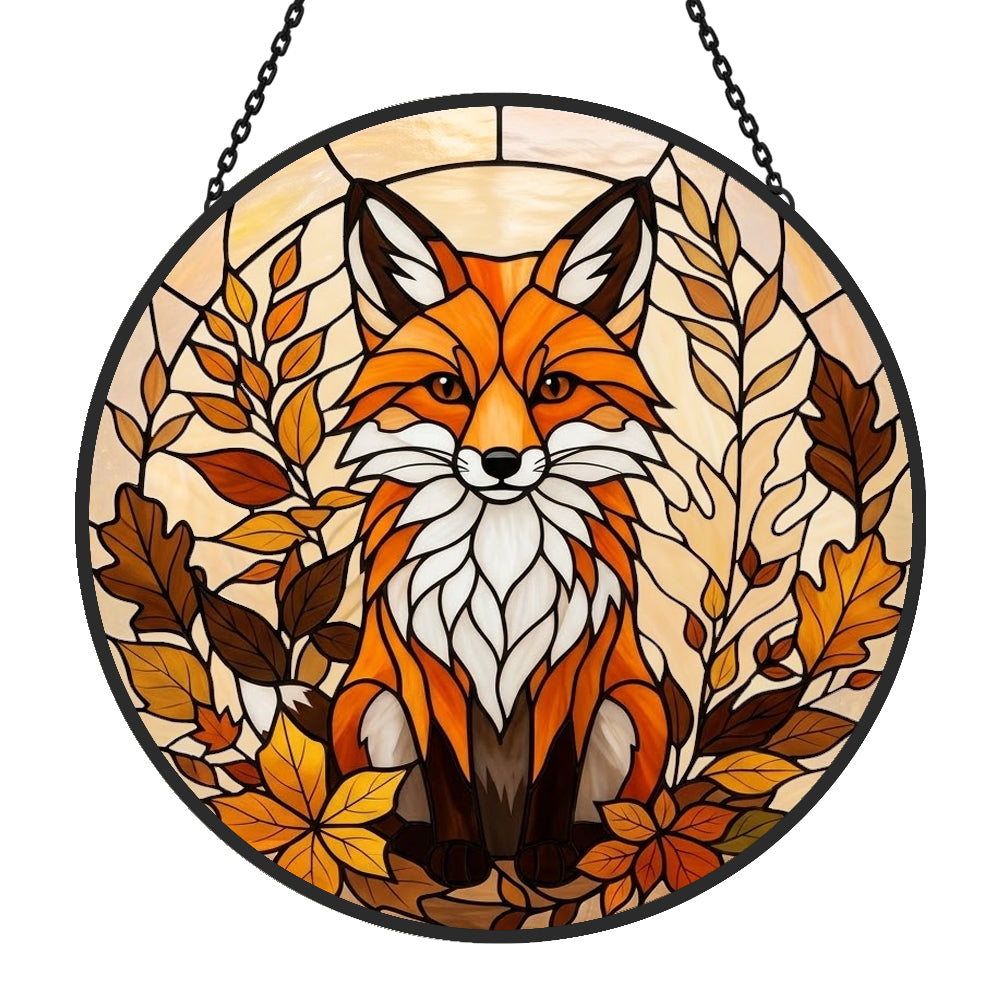Autumn leaves red fox stained glass suncatcher window hanging, suitable for home and garden decoration
