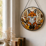 Autumn leaves red fox stained glass suncatcher window hanging, suitable for home and garden decoration