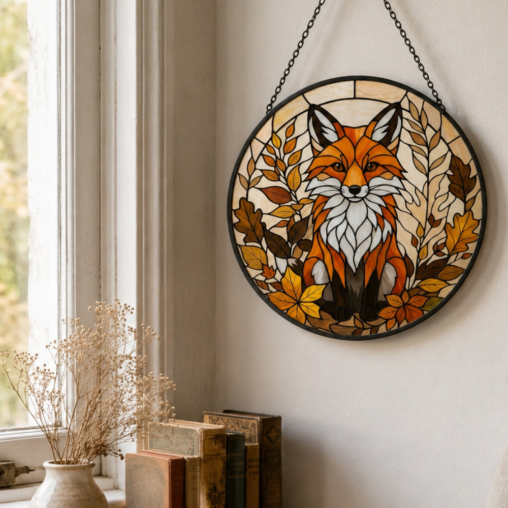 Autumn leaves red fox stained glass suncatcher window hanging, suitable for home and garden decoration