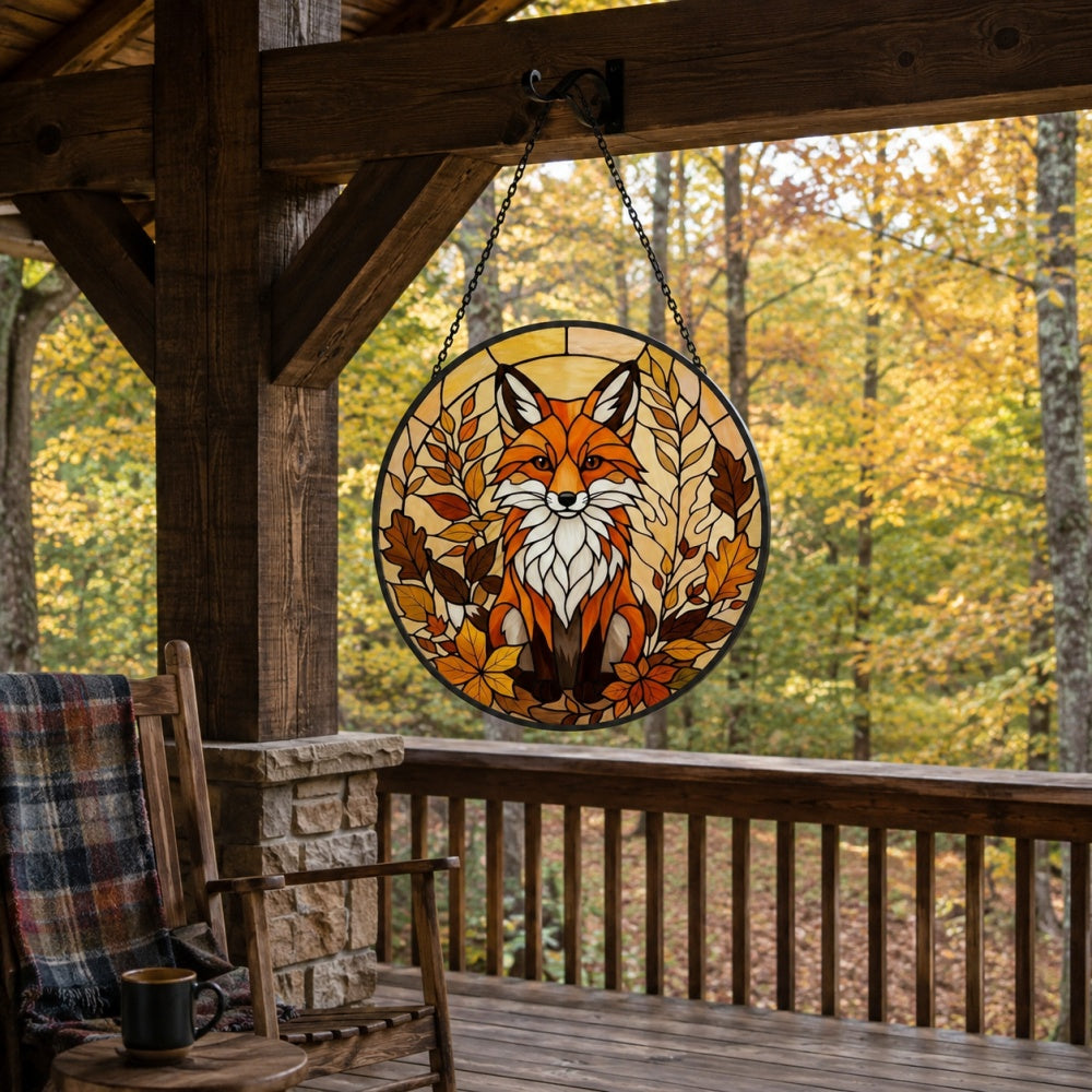 Autumn leaves red fox stained glass suncatcher window hanging, suitable for home and garden decoration