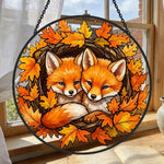 Autumn maple leaves foxes stained glass suncatcher window hanging, suitable for home and garden decoration