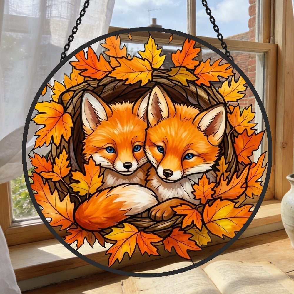 Autumn maple leaves foxes stained glass suncatcher window hanging, suitable for home and garden decoration