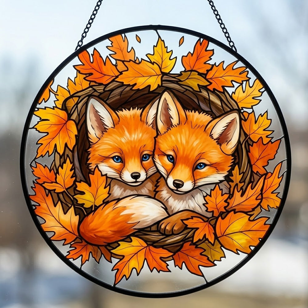 Autumn maple leaves foxes stained glass suncatcher window hanging, suitable for home and garden decoration