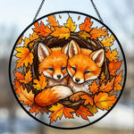 Autumn maple leaves foxes stained glass suncatcher window hanging, suitable for home and garden decoration