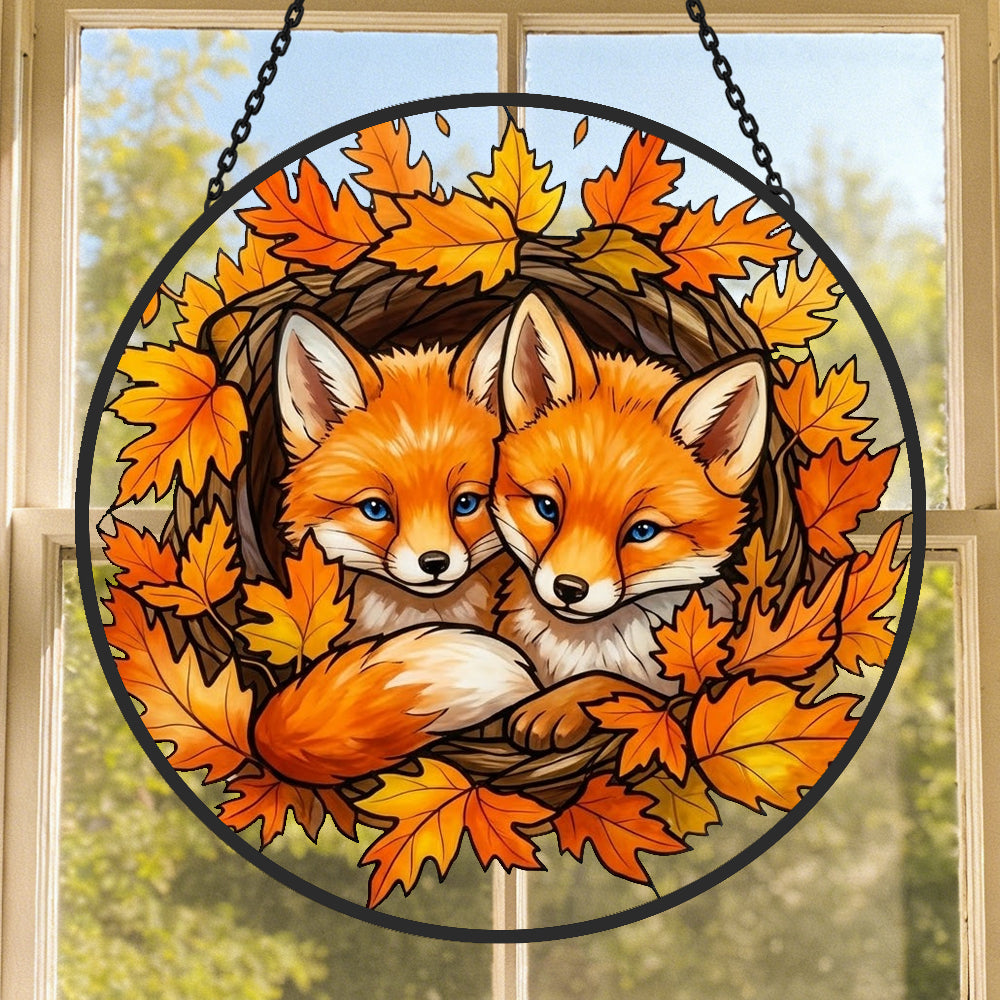Autumn maple leaves foxes stained glass suncatcher window hanging, suitable for home and garden decoration