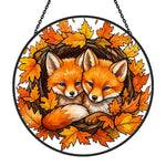 Autumn maple leaves foxes stained glass suncatcher window hanging, suitable for home and garden decoration