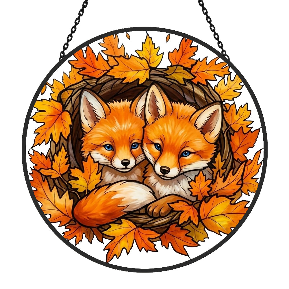 Autumn maple leaves foxes stained glass suncatcher window hanging, suitable for home and garden decoration