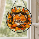 Autumn maple leaves foxes stained glass suncatcher window hanging, suitable for home and garden decoration