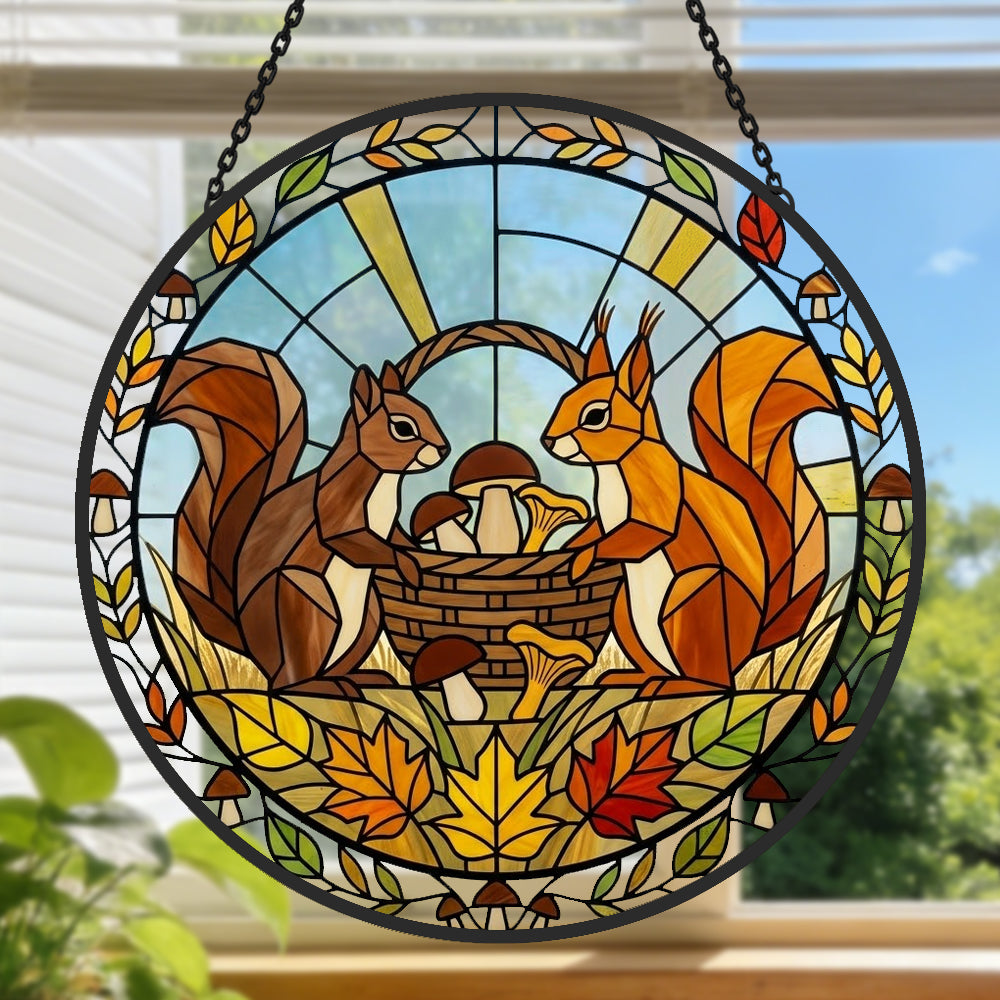 Autumn maple leaves squirrel stained glass suncatcher window hanging, suitable for home and garden decoration