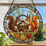 Autumn maple leaves squirrel stained glass suncatcher window hanging, suitable for home and garden decoration