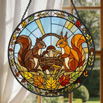 Autumn maple leaves squirrel stained glass suncatcher window hanging, suitable for home and garden decoration