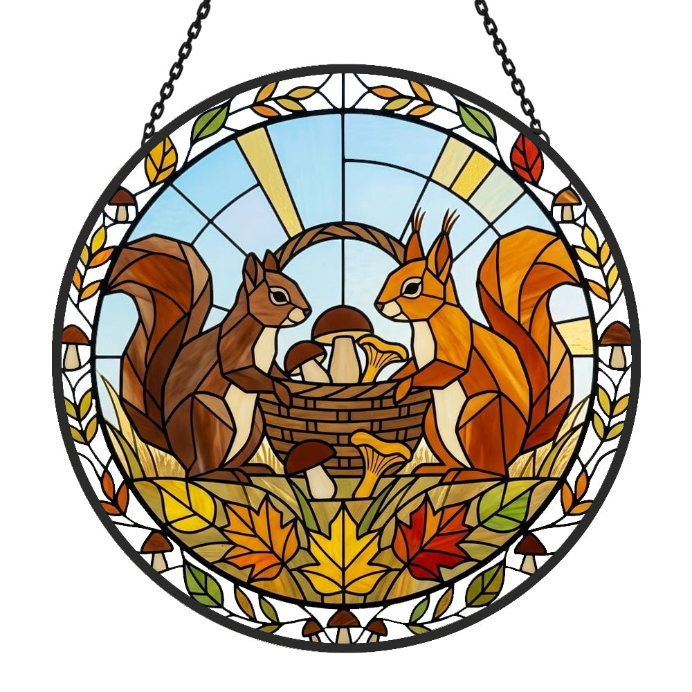 Autumn maple leaves squirrel stained glass suncatcher window hanging, suitable for home and garden decoration