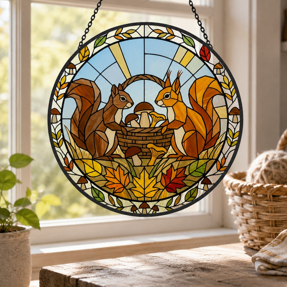 Autumn maple leaves squirrel stained glass suncatcher window hanging, suitable for home and garden decoration