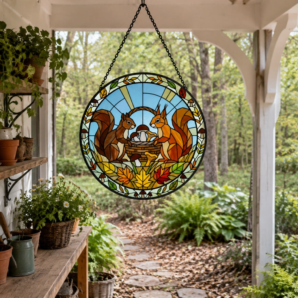 Autumn maple leaves squirrel stained glass suncatcher window hanging, suitable for home and garden decoration