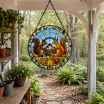 Autumn maple leaves squirrel stained glass suncatcher window hanging, suitable for home and garden decoration
