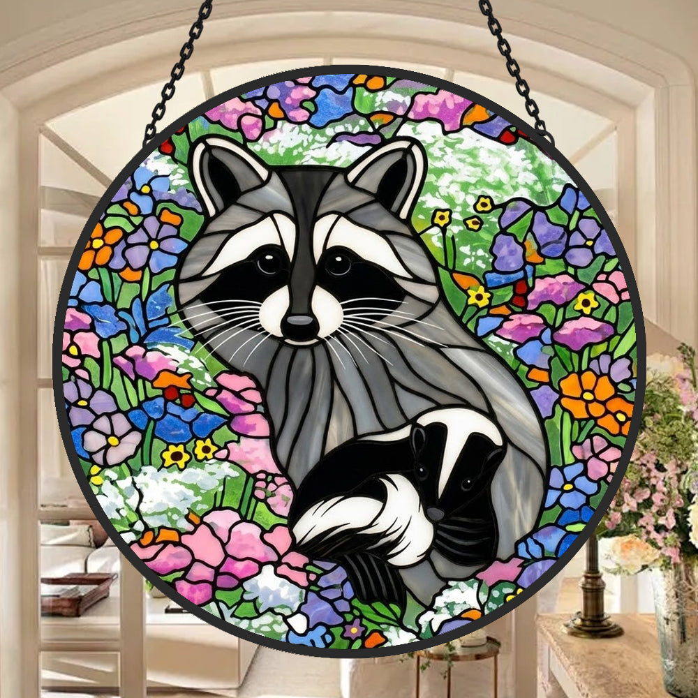 Backyard wildlife floral meadow stained glass suncatcher window hanging, suitable for home and garden decoration