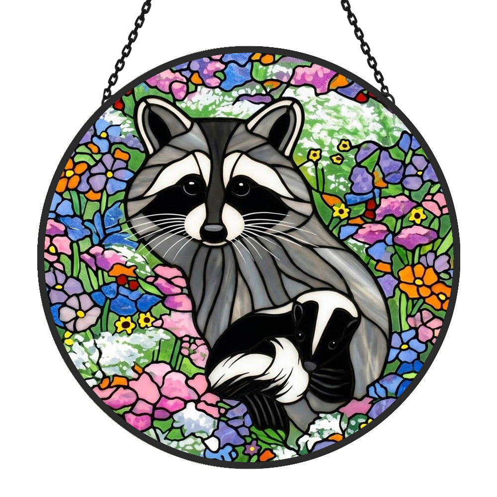 Backyard wildlife floral meadow stained glass suncatcher window hanging, suitable for home and garden decoration