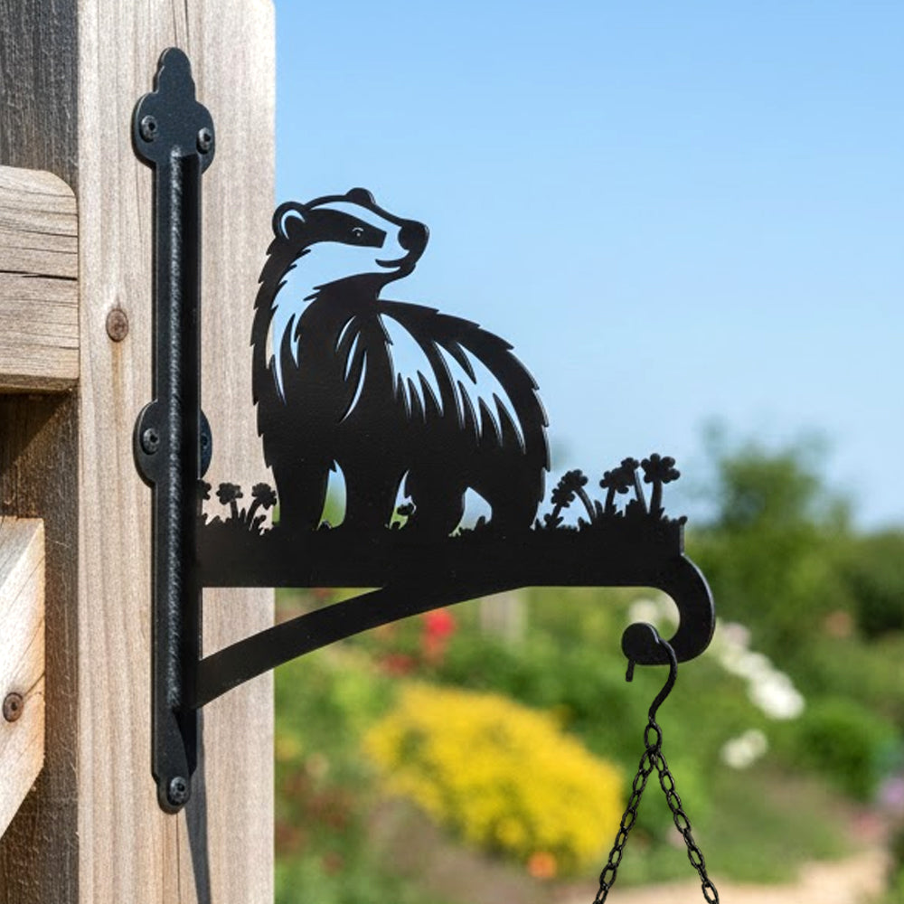 Badger metal hanging basket bracket mounted on outdoor wall for plant decoration