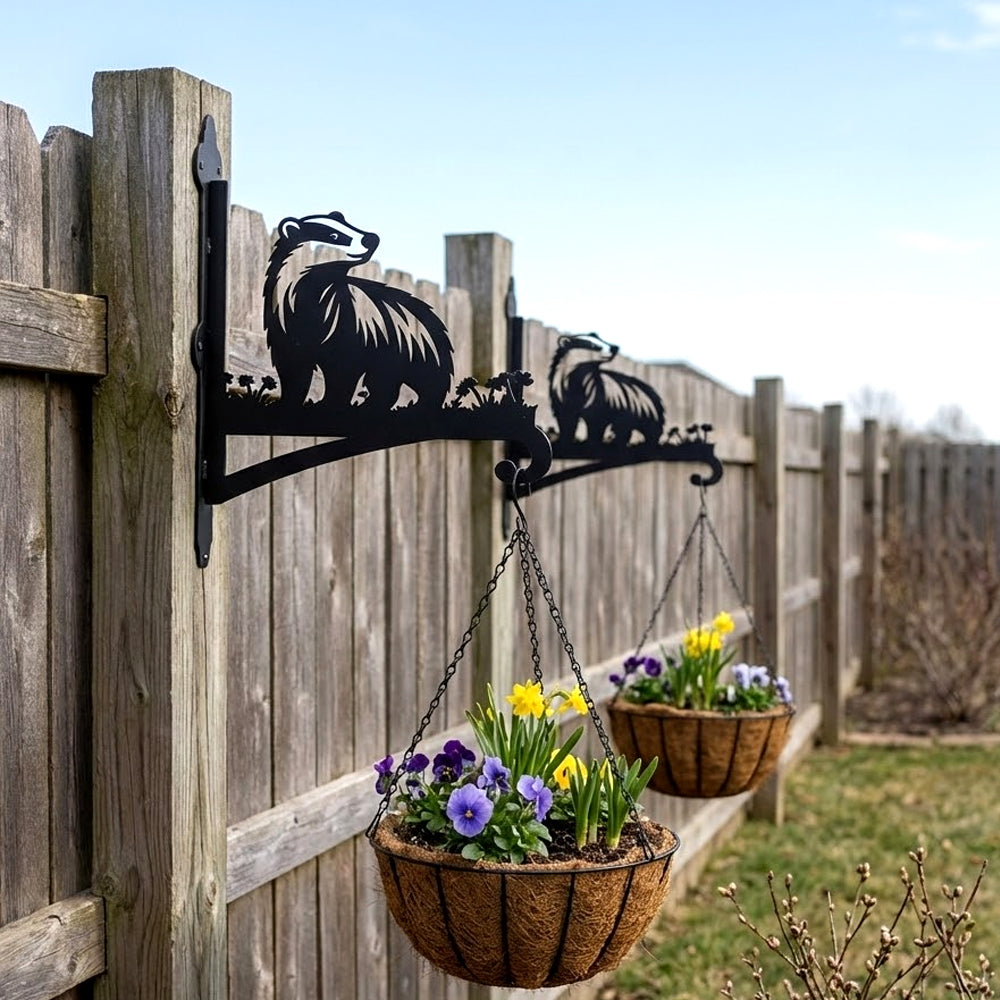 Badger metal hanging basket bracket mounted on outdoor wall for plant decoration