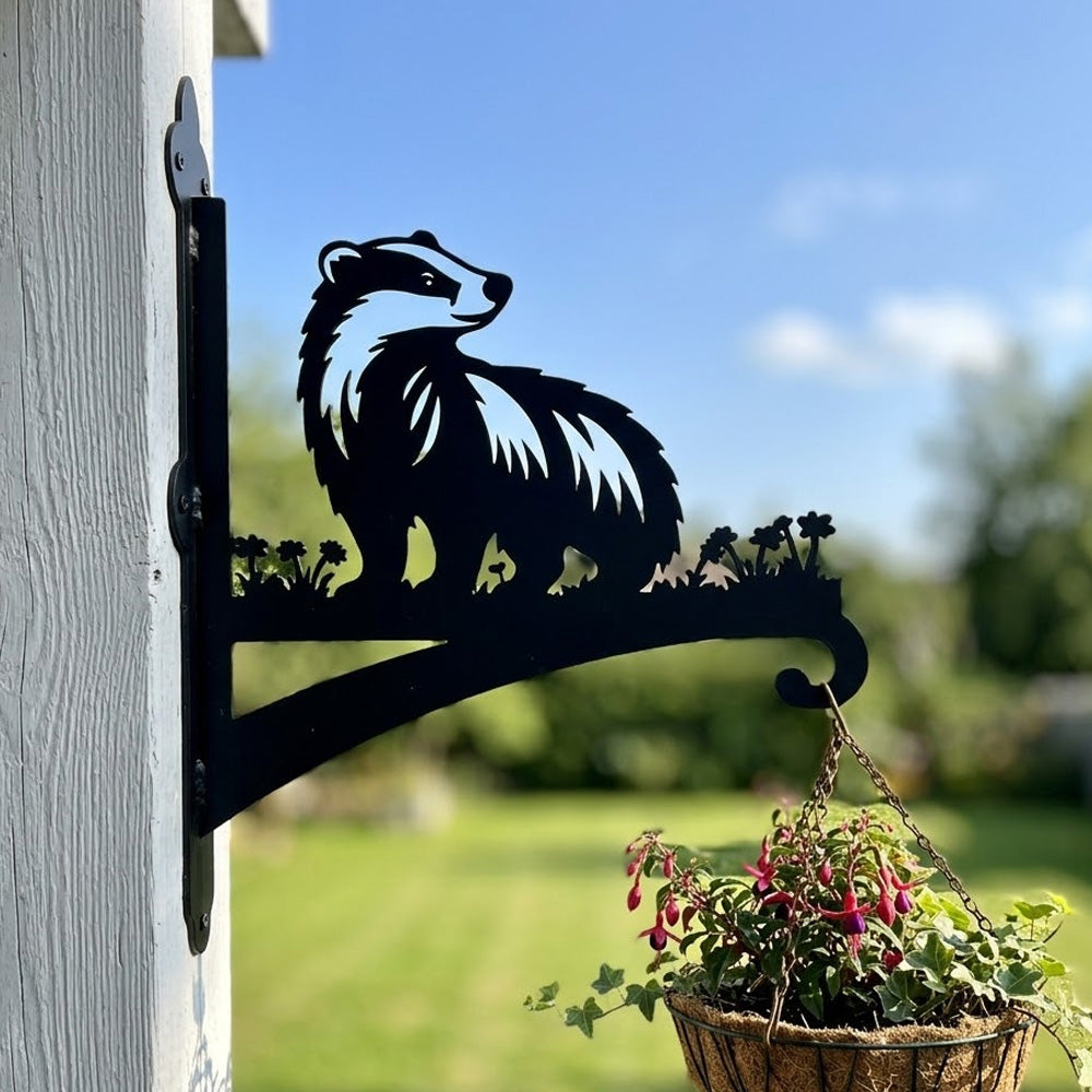 Badger metal hanging basket bracket mounted on outdoor wall for plant decoration