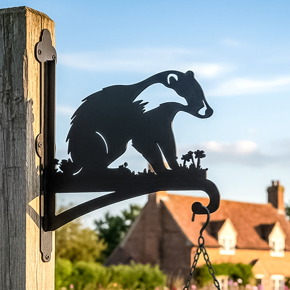 Badger metal hanging basket bracket mounted on outdoor wall for plant decoration