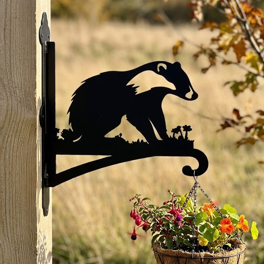 Badger metal hanging basket bracket mounted on outdoor wall for plant decoration