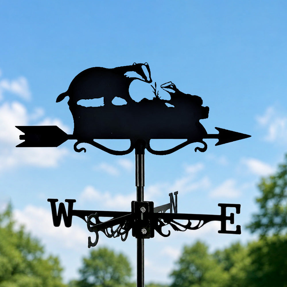 Badger metal weather vane with directional arrows and mounting rod, outdoor roof and garden decoration