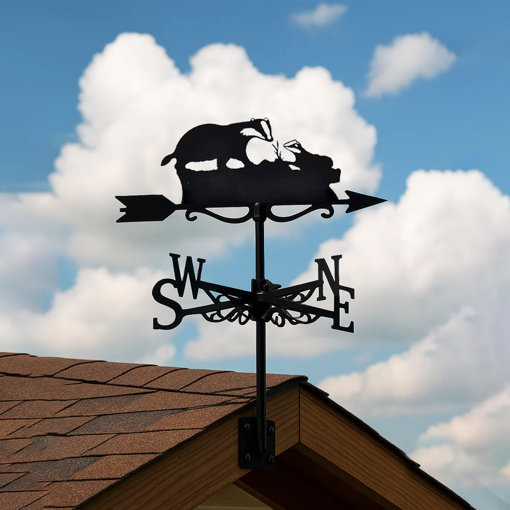 Badger metal weather vane with directional arrows and mounting rod, outdoor roof and garden decoration