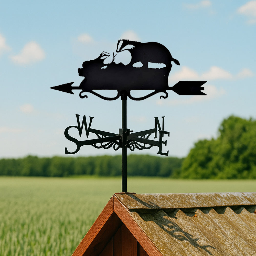 Badger metal weather vane with directional arrows and mounting rod, outdoor roof and garden decoration