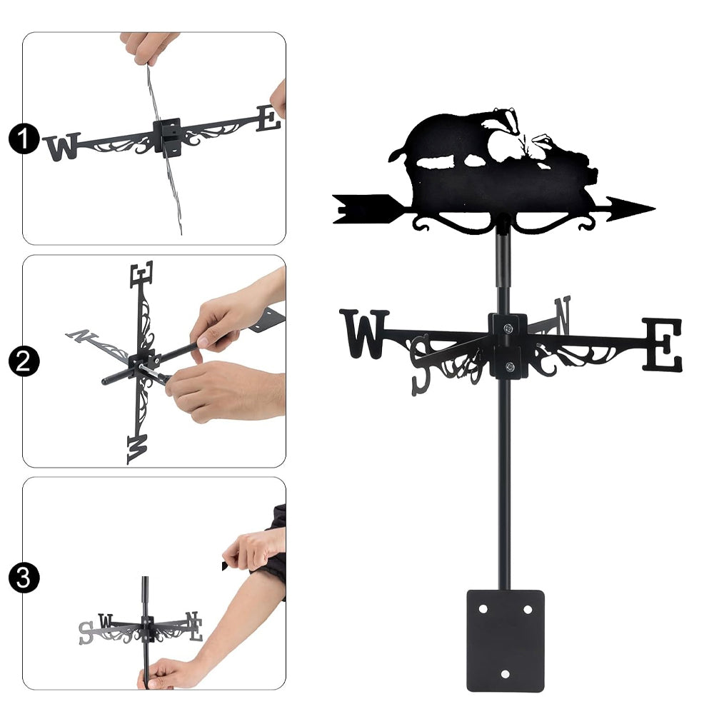 Badger metal weather vane with directional arrows and mounting rod, outdoor roof and garden decoration