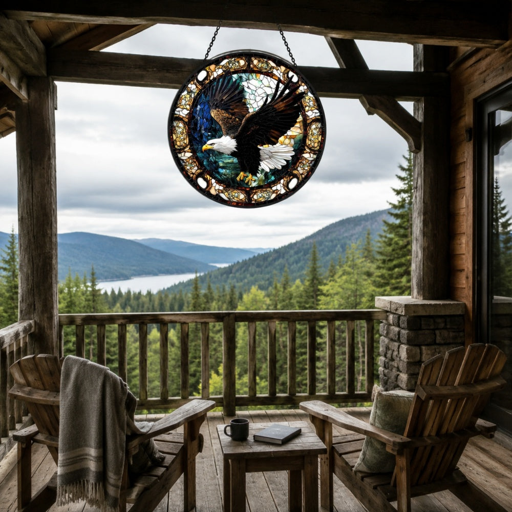 Bald eagle flying stained glass suncatcher window hanging, suitable for home and garden decoration
