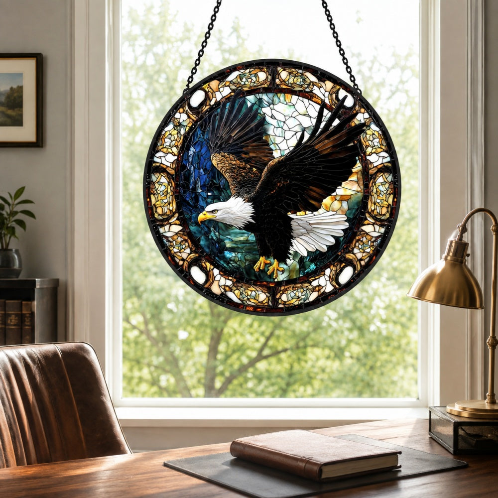 Bald eagle flying stained glass suncatcher window hanging, suitable for home and garden decoration