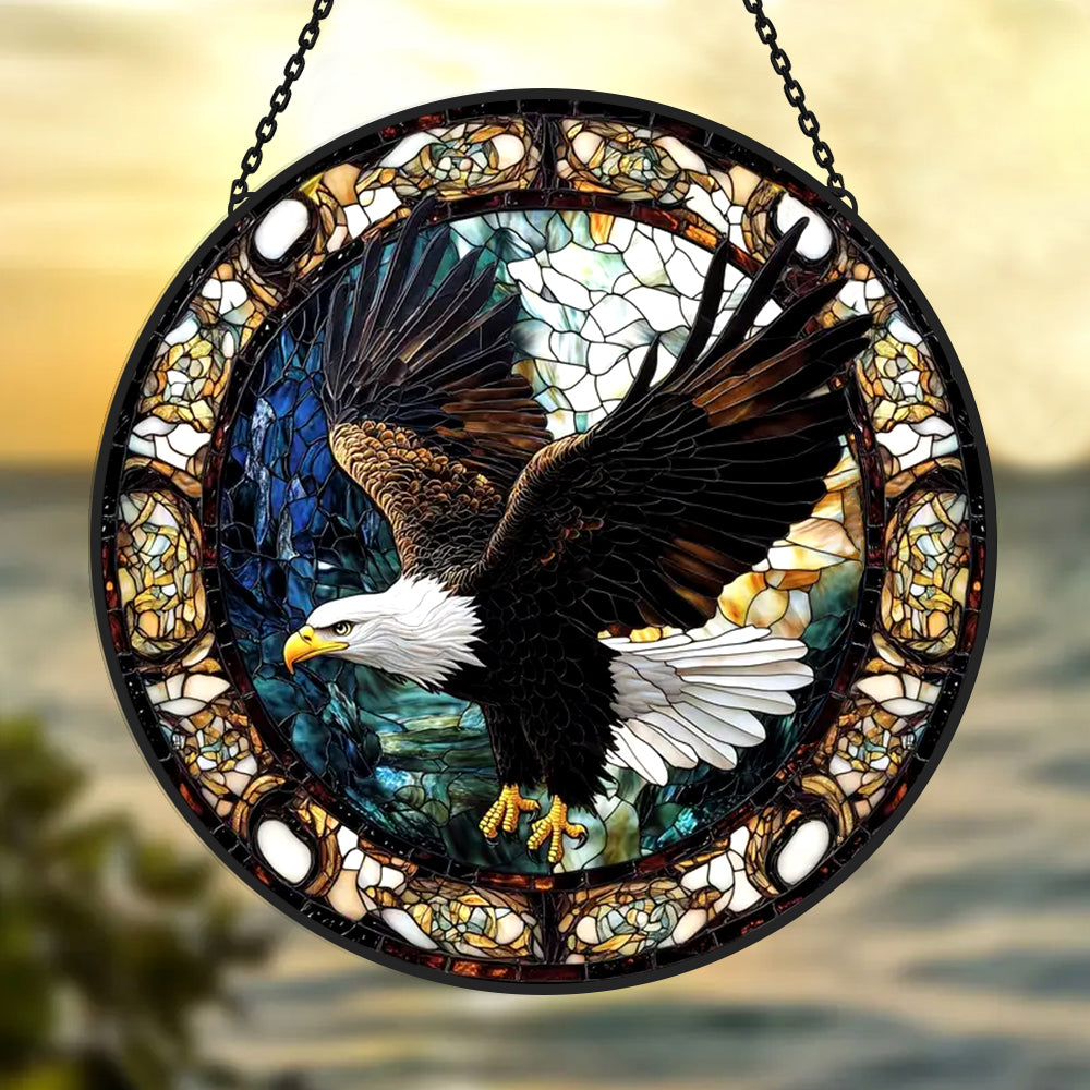 Bald eagle flying stained glass suncatcher window hanging, suitable for home and garden decoration
