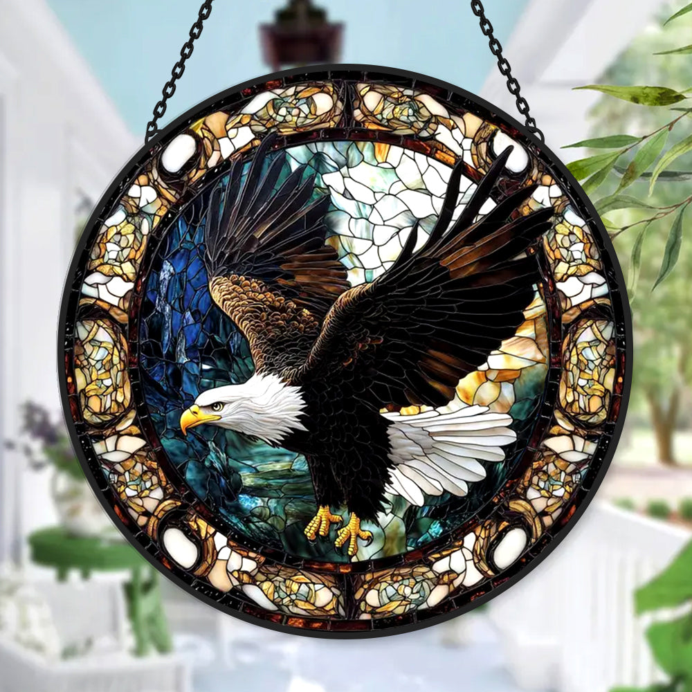 Bald eagle flying stained glass suncatcher window hanging, suitable for home and garden decoration